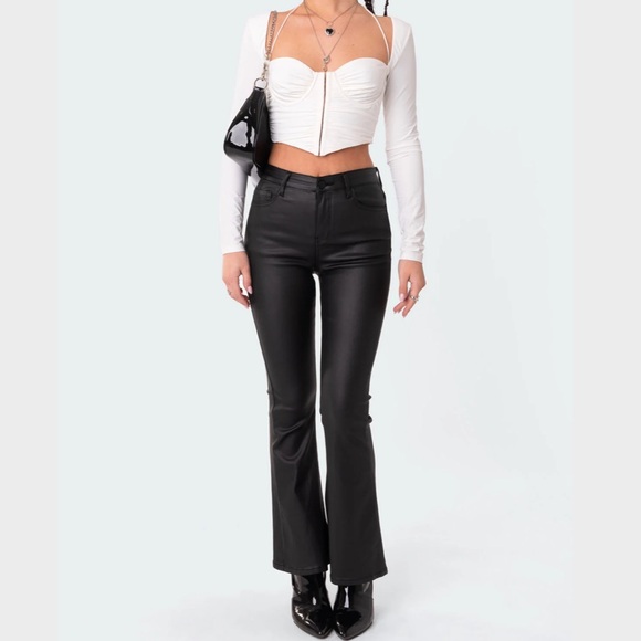 Edikted Pants - Edikted Black Leather High Waist Flare Pants